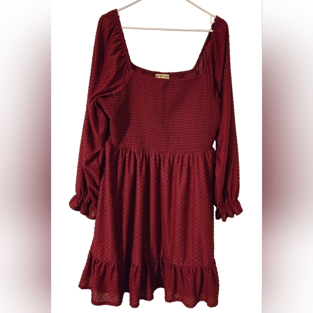 Inspired Hearts Wine Maroon Colored Smock Square Neck Lined Dress 2X